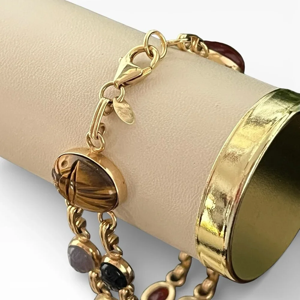Vintage Carla 14k Yellow Gold Two Strands Multi Gemstone 10 Scarab Bracelet 7